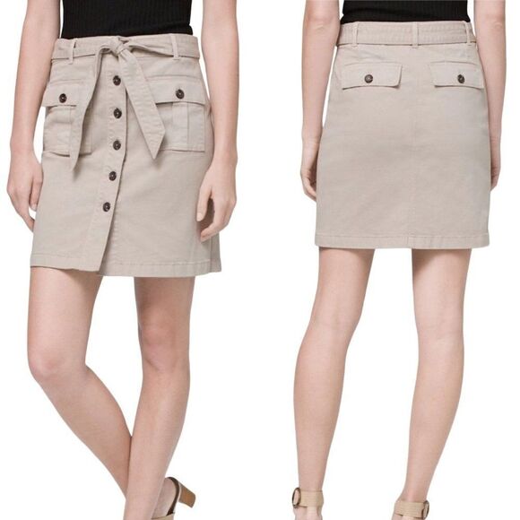 WHBM Mini Skirt 10 Tan Cotton Stretch Aline Button Front Cargo Safari Pockets - Picture 3 of 14
